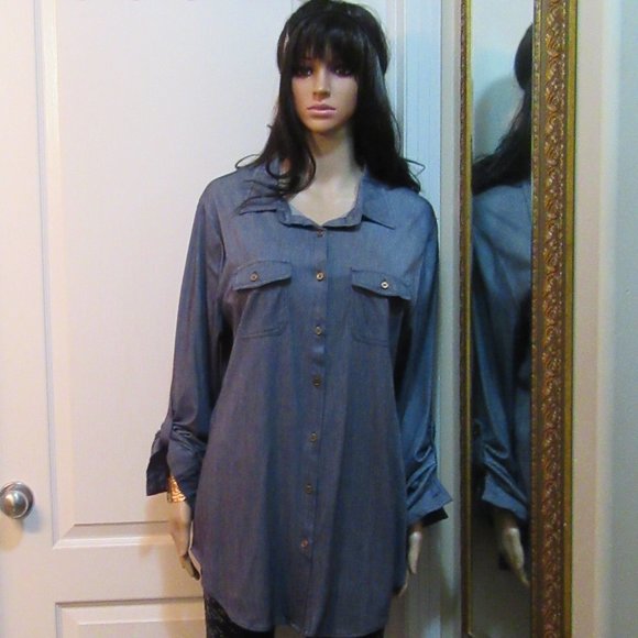 Colorful Tops - Ladies Long Sleeve Blouse - Blue Jean look SIZE 2X